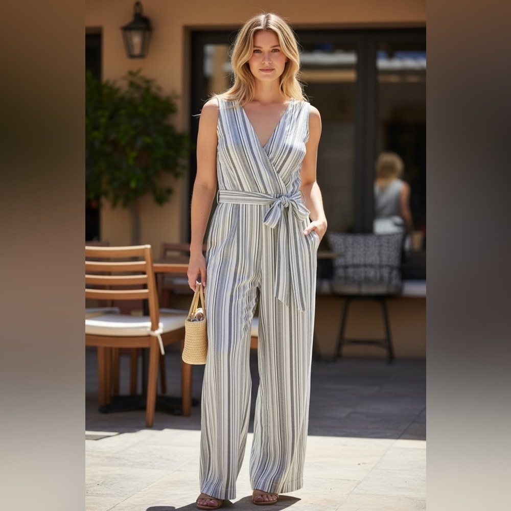 GAP Striped Wrap Jumpsuit - Charcoal and White